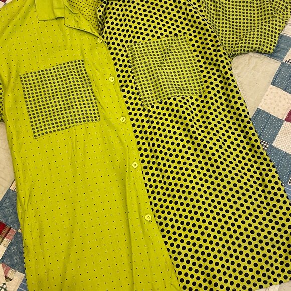 Vintage 1980s 90s Polka Dot Funky Rayon Lime Green Brat Summer Button Up Blouse - Picture 8 of 16